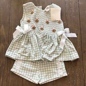 NWT Green Gingham Baby Outfit with Bunny Details